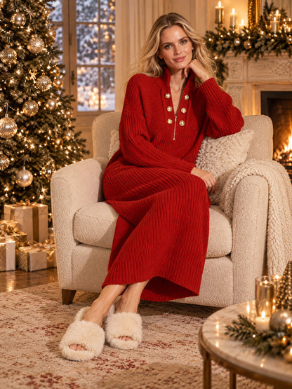 Fashionable Retro Gold Button Half-zip Red Knit Midi Dress