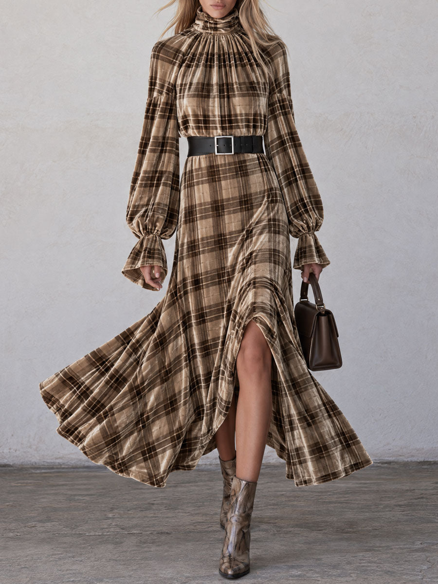 Retro Chic And Elegant Brown Turtleneck Plaid Velvet Print Maxi Dress