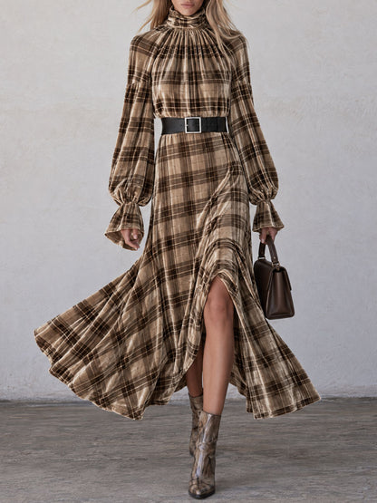 Retro Chic And Elegant Brown Turtleneck Plaid Velvet Print Maxi Dress