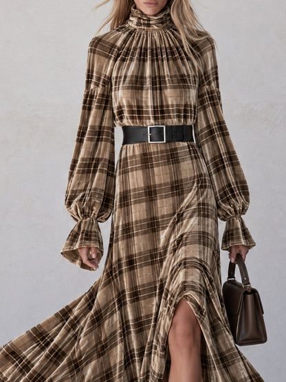 Retro Chic And Elegant Brown Turtleneck Plaid Velvet Print Maxi Dress