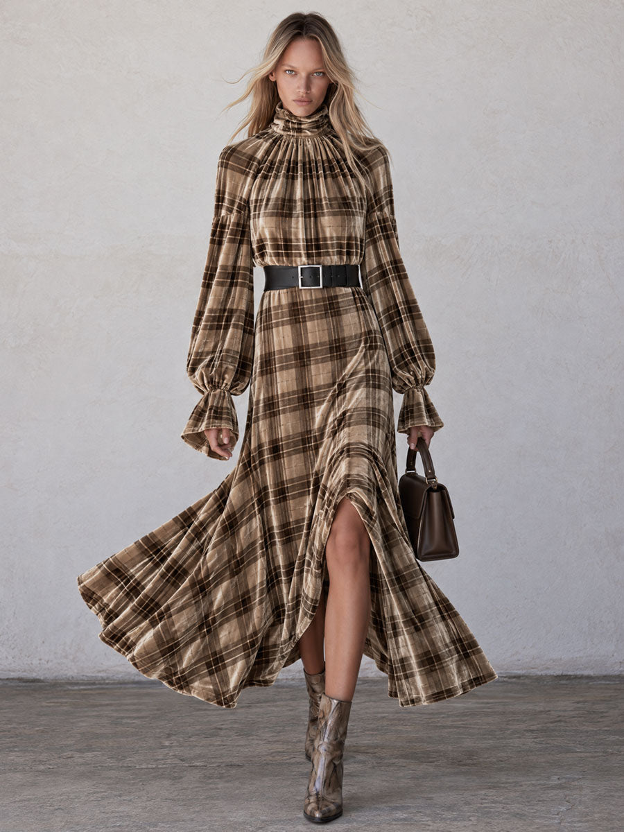 Retro Chic And Elegant Brown Turtleneck Plaid Velvet Print Maxi Dress