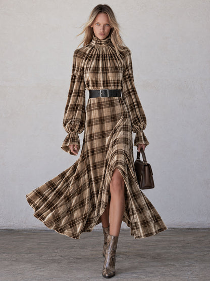 Retro Chic And Elegant Brown Turtleneck Plaid Velvet Print Maxi Dress