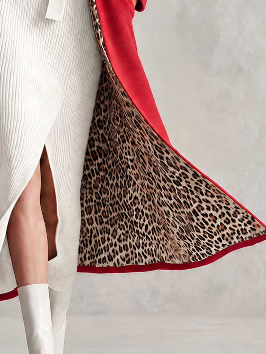 Retro-elegant Leopard Print Lining Red Ruffled Single-breasted Wool Blend Coat