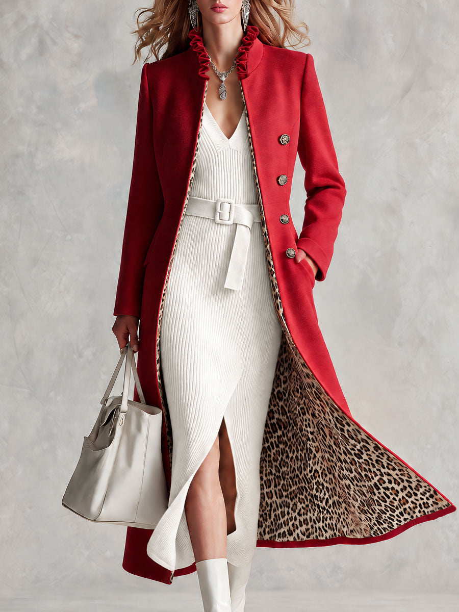 Retro-elegant Leopard Print Lining Red Ruffled Single-breasted Wool Blend Coat