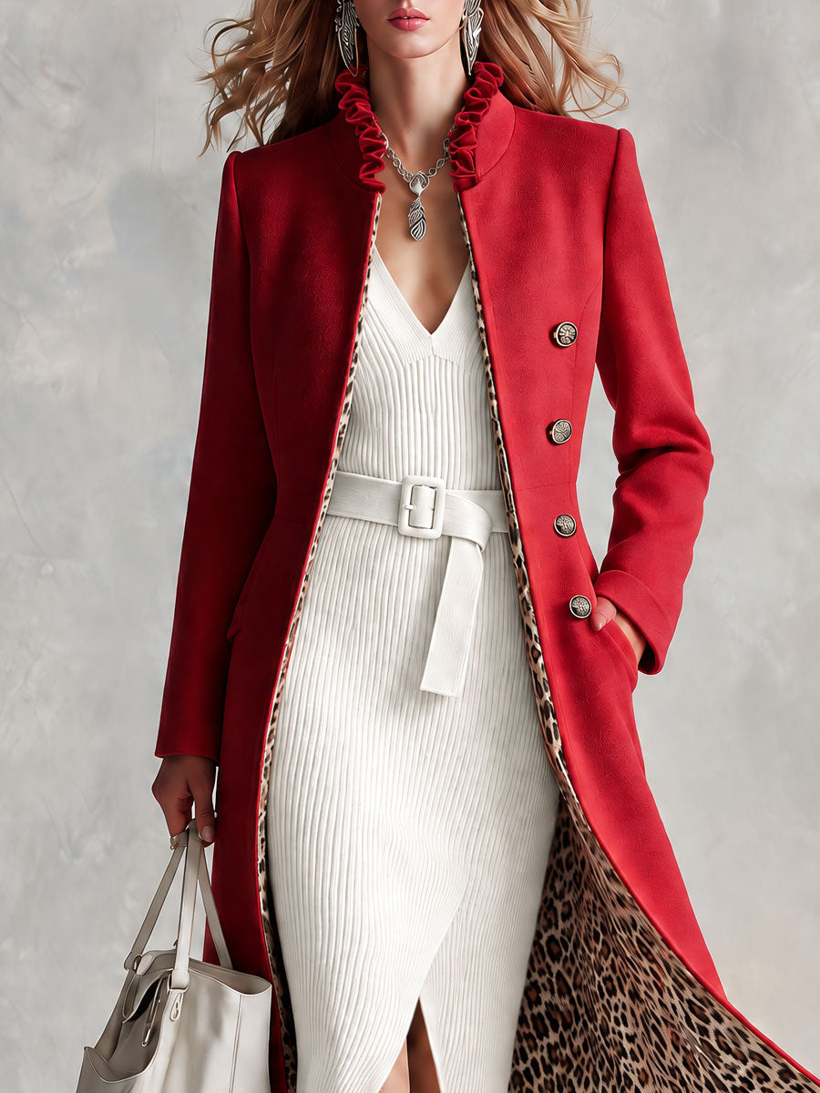 Retro-elegant Leopard Print Lining Red Ruffled Single-breasted Wool Blend Coat