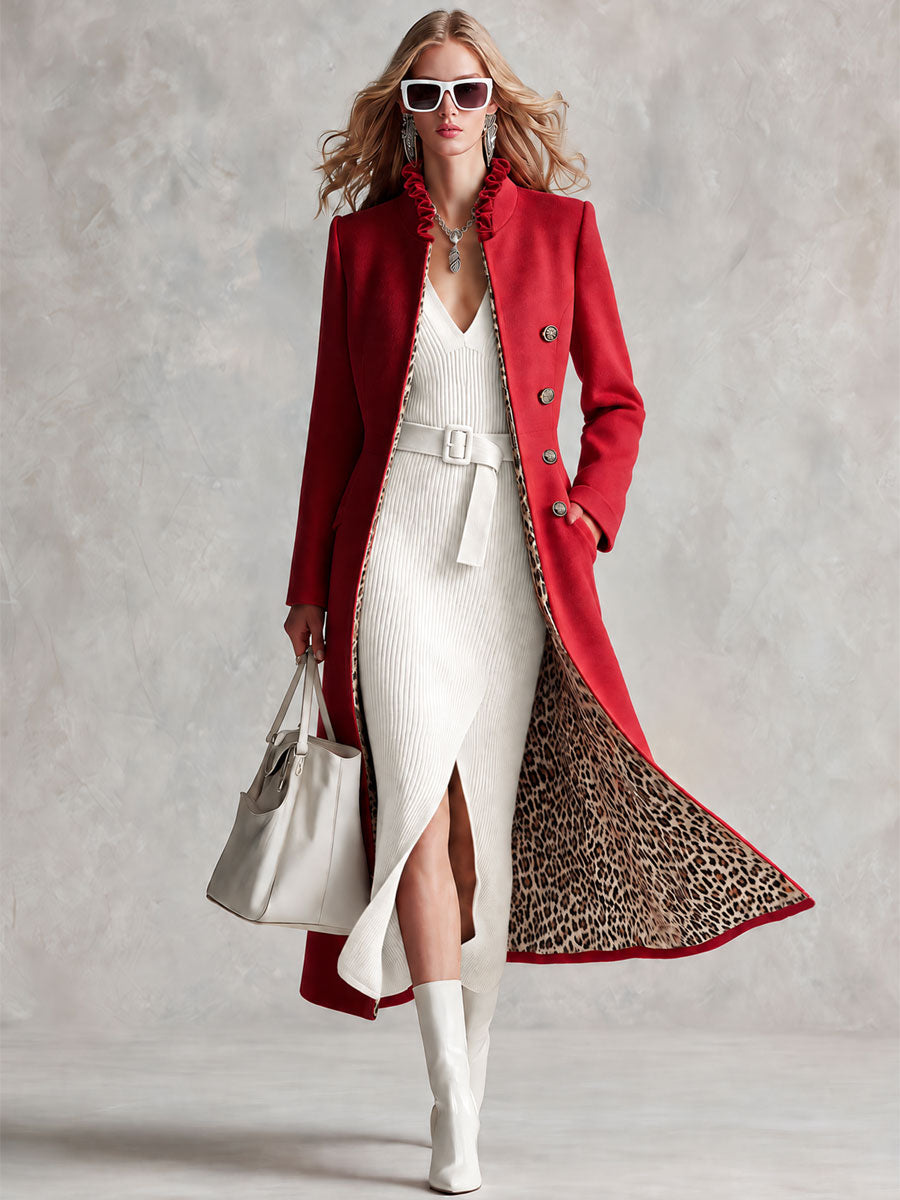 Retro-elegant Leopard Print Lining Red Ruffled Single-breasted Wool Blend Coat