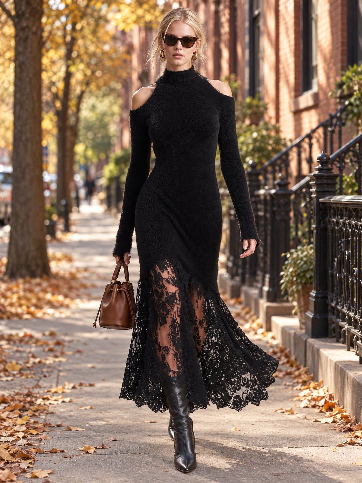 Vintage Romantic Black Fuzzy Knit Long Sleeve Sheer Lace Hem Bodycon Maxi Dress
