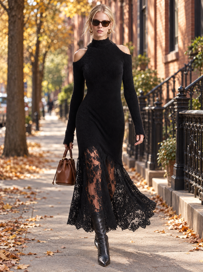 Vintage Romantic Black Fuzzy Knit Long Sleeve Sheer Lace Hem Bodycon Maxi Dress