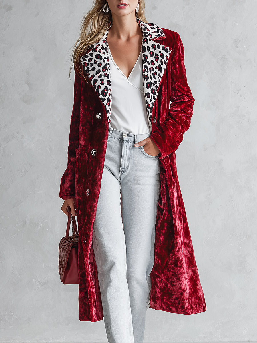 Stylish Loose-fitting Leopard-print Collar Red Velvet Coat