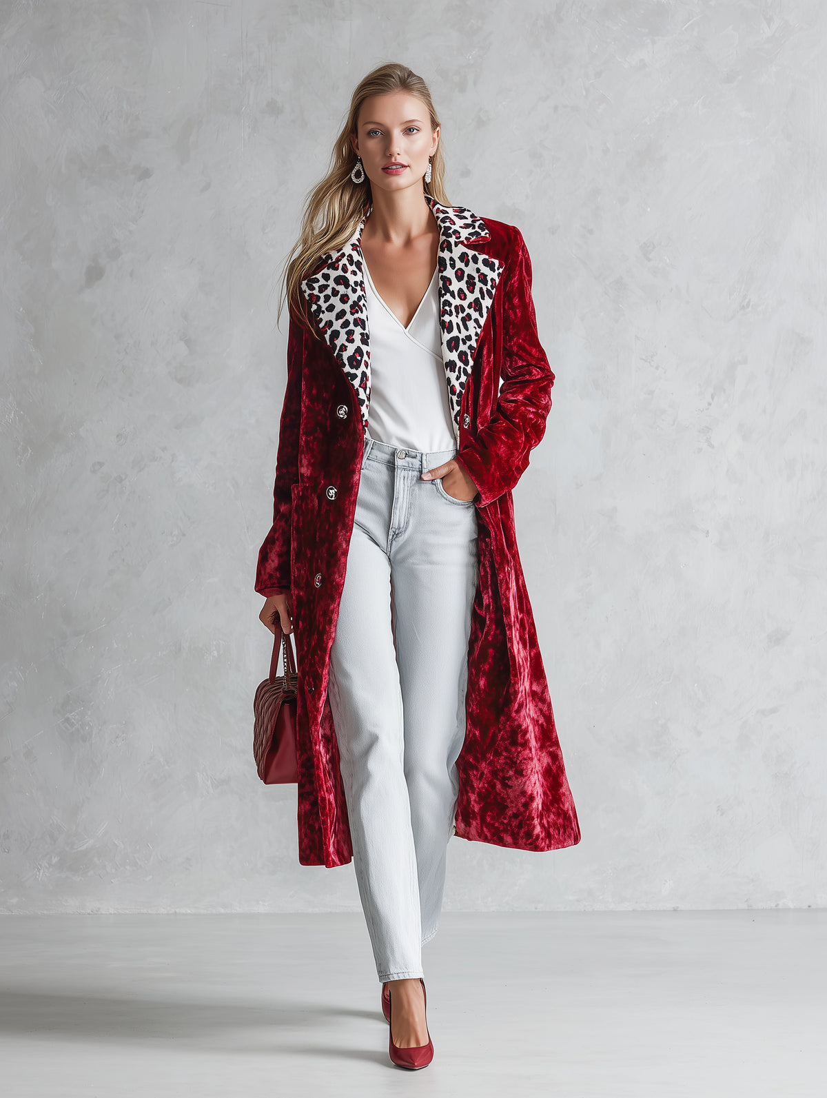 Stylish Loose-fitting Leopard-print Collar Red Velvet Coat