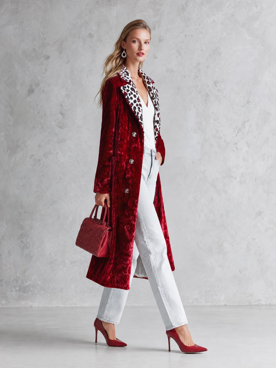 Stylish Loose-fitting Leopard-print Collar Red Velvet Coat