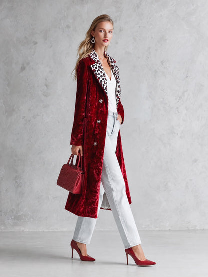 Stylish Loose-fitting Leopard-print Collar Red Velvet Coat