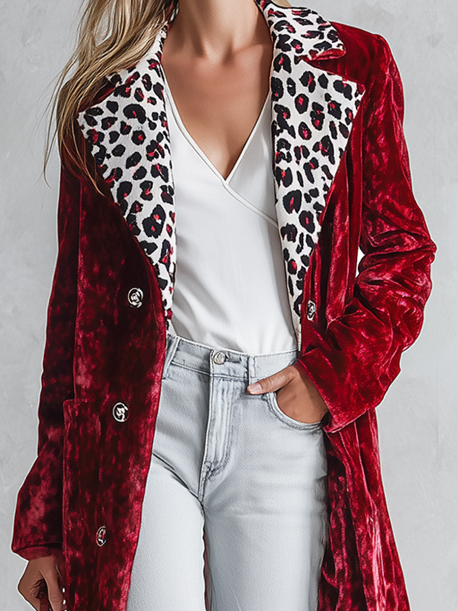Stylish Loose-fitting Leopard-print Collar Red Velvet Coat