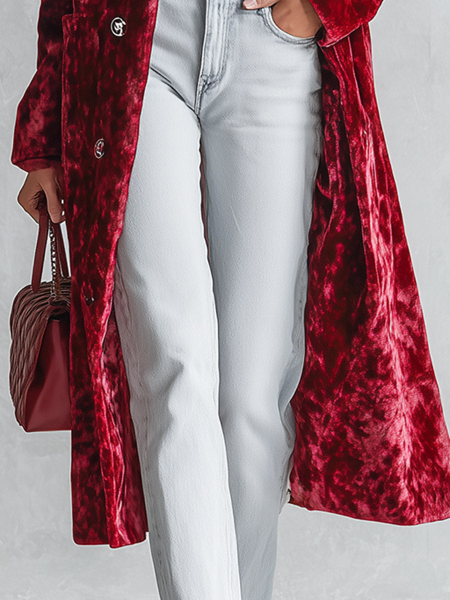 Stylish Loose-fitting Leopard-print Collar Red Velvet Coat