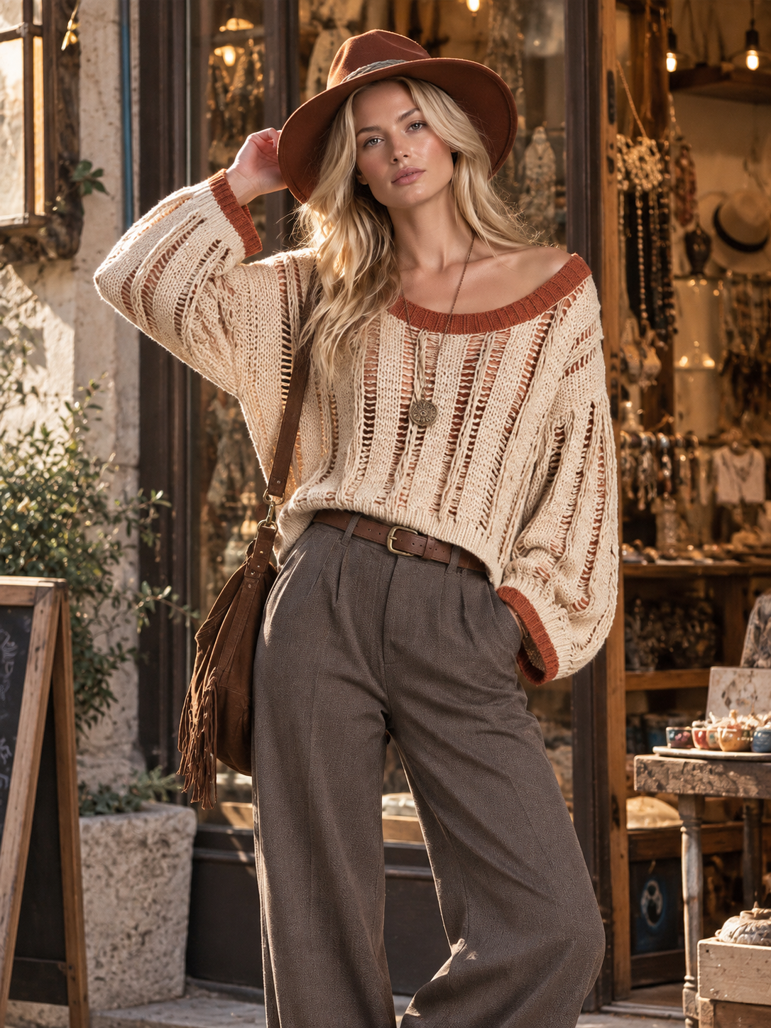 Vintage Style Rust-red Contrast Piping Oatmeal-colored Chunky-knit Cropped Sweater