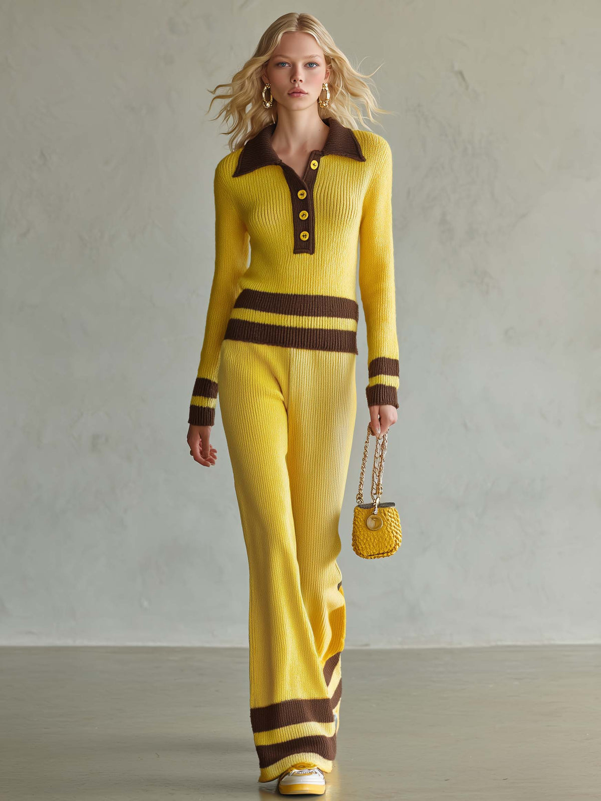 Retro Yellow Striped Polo Collar Knit Top Wide-Leg Pants Matching Sweater Set