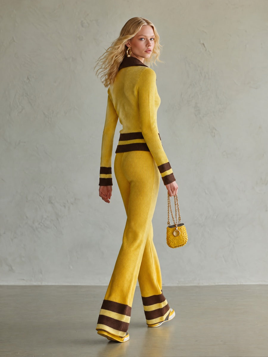 Retro Yellow Striped Polo Collar Knit Top Wide-Leg Pants Matching Sweater Set