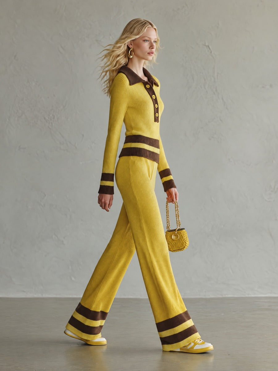 Retro Yellow Striped Polo Collar Knit Top Wide-Leg Pants Matching Sweater Set