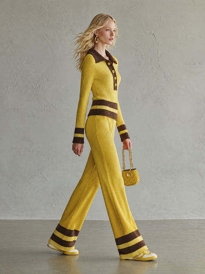 Retro Yellow Striped Polo Collar Knit Top Wide-Leg Pants Matching Sweater Set