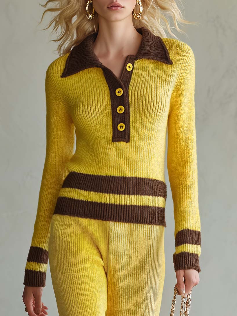 Retro Yellow Striped Polo Collar Knit Top Wide-Leg Pants Matching Sweater Set