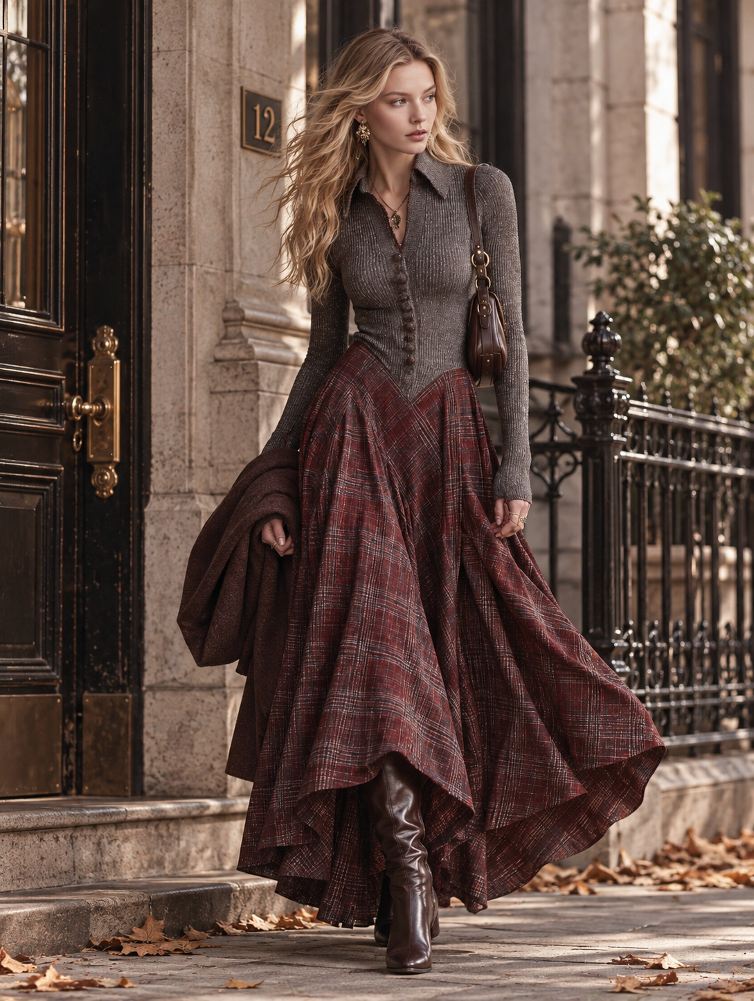 Retro Ribbed Knit Bodice Plaid Collared Maxi Dress