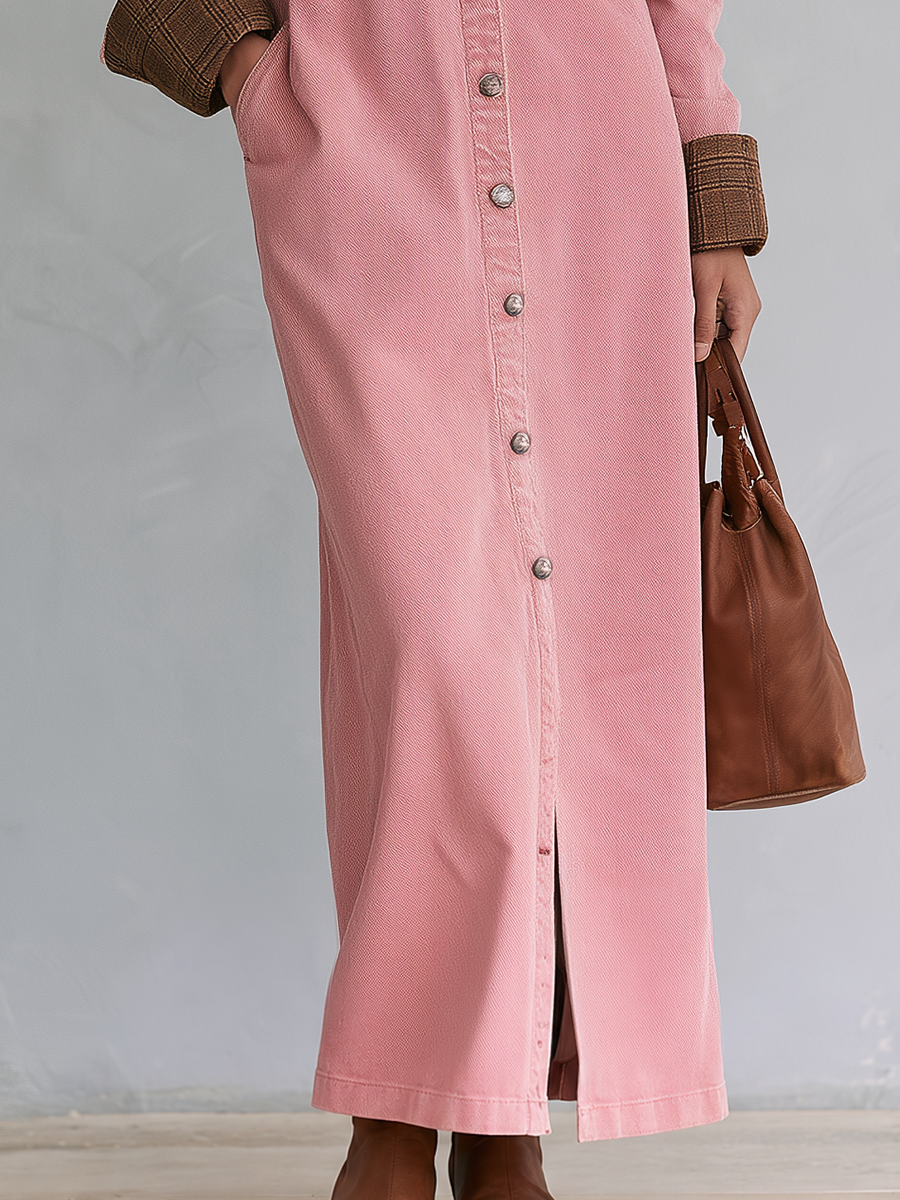 Casual Vintage Pink Button Front Long Shirt Dress