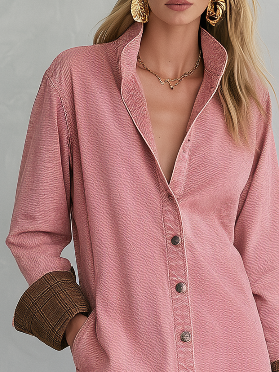 Casual Vintage Pink Button Front Long Shirt Dress