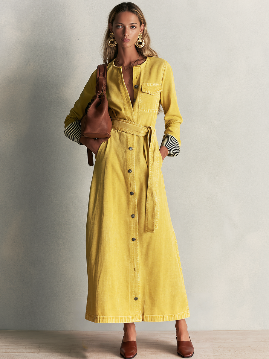 Modern Western Yellow Belted Button Front Denim Maxi Dress