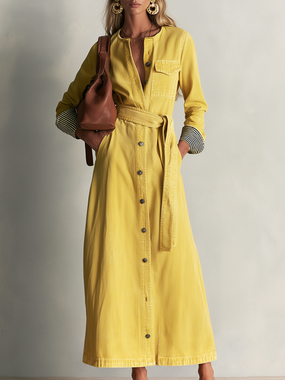 Modern Western Yellow Belted Button Front Denim Maxi Dress
