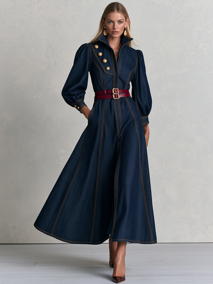 Vintage Military Dark Wash Gold Button Denim Maxi Dress
