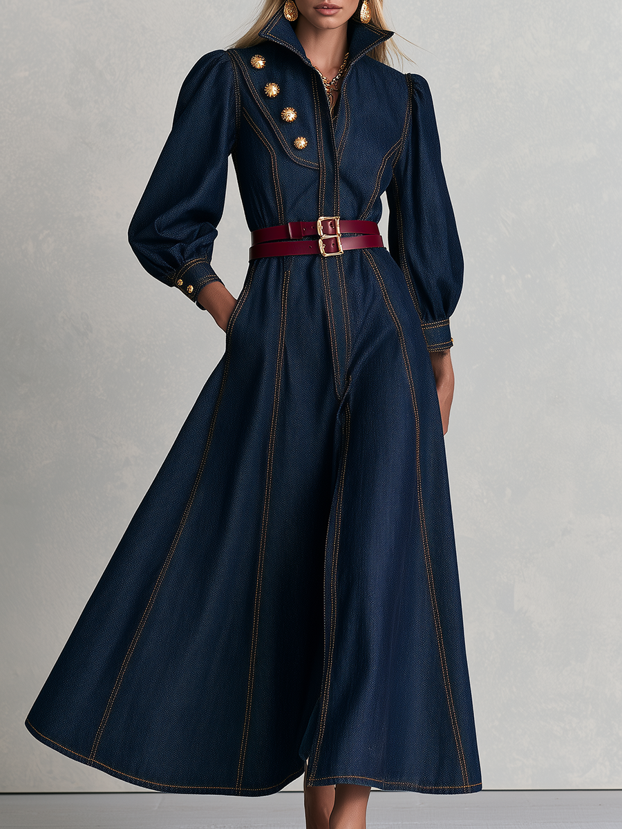 Vintage Military Dark Wash Gold Button Denim Maxi Dress