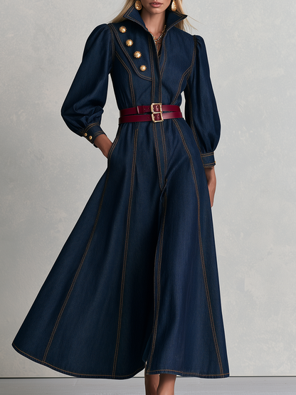 Vintage Military Dark Wash Gold Button Denim Maxi Dress