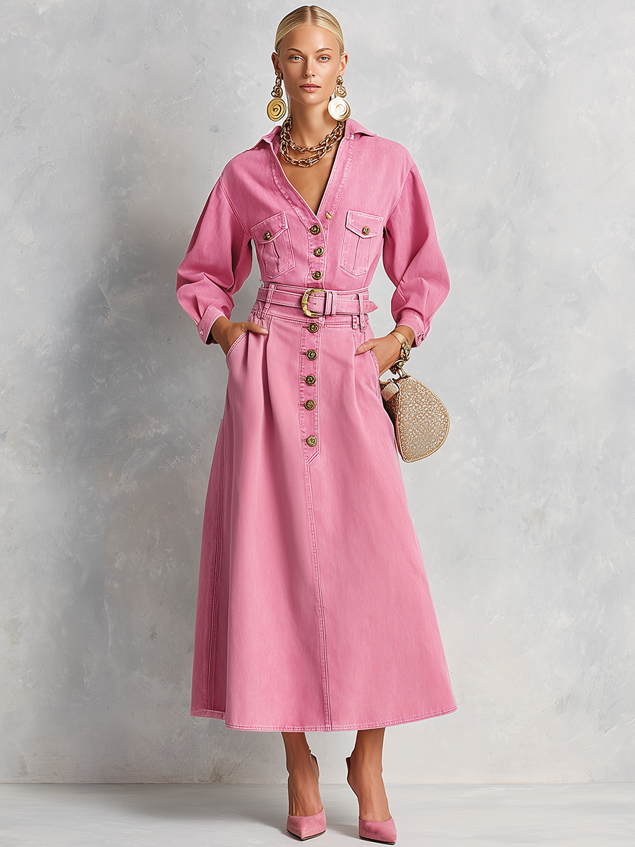 Retro Western Pink Belted Button Front Denim Midi Dress
