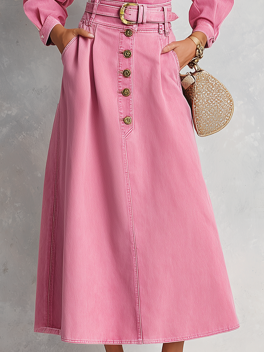 Retro Western Pink Belted Button Front Denim Midi Dress