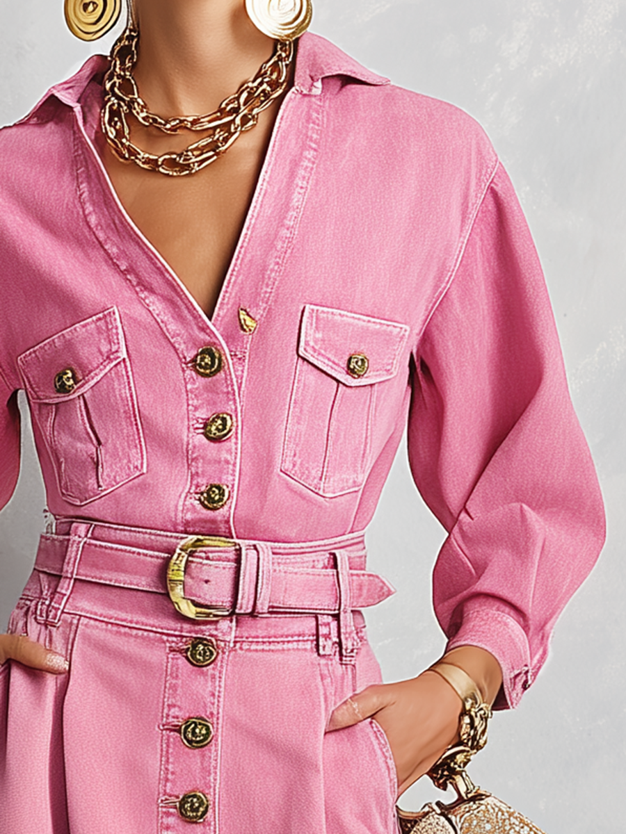 Retro Western Pink Belted Button Front Denim Midi Dress
