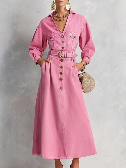 Retro Western Pink Belted Button Front Denim Midi Dress