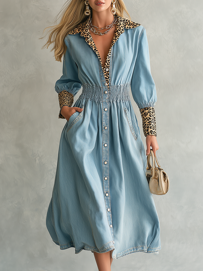 Glam Western Leopard Trim Denim Button Front Midi Dress
