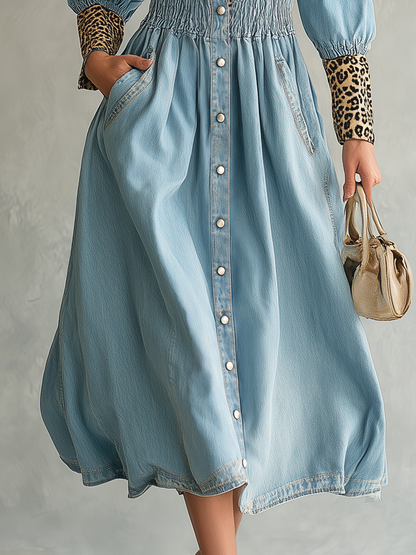 Glam Western Leopard Trim Denim Button Front Midi Dress