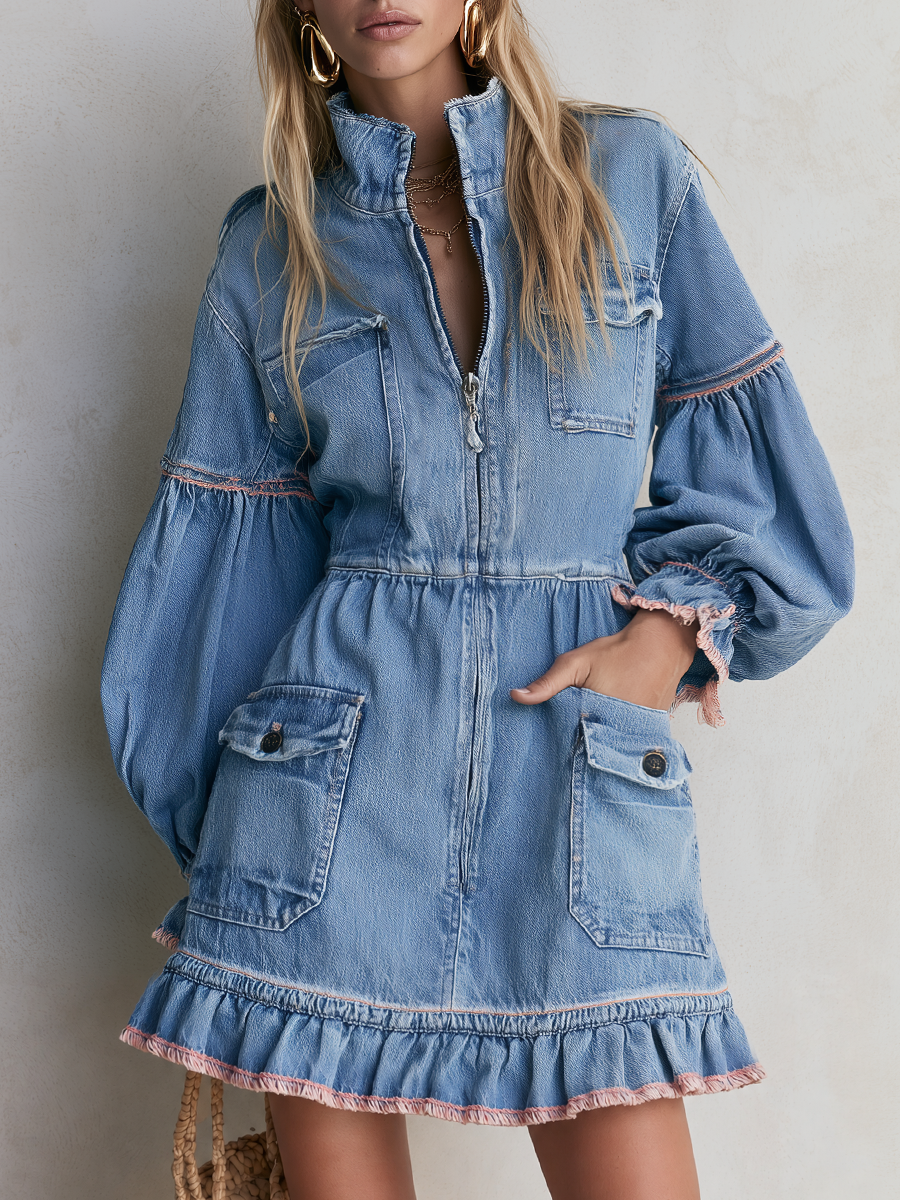 Retro Western Light Wash Ruffle Hem Denim Mini Dress