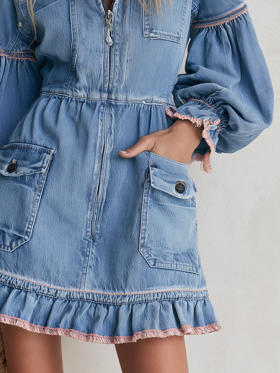 Retro Western Light Wash Ruffle Hem Denim Mini Dress