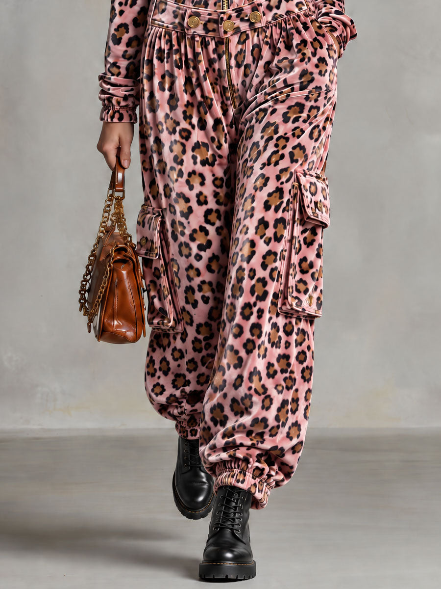 Fashionable And Casual Pink Leopard Print Velvet Jumpsuit