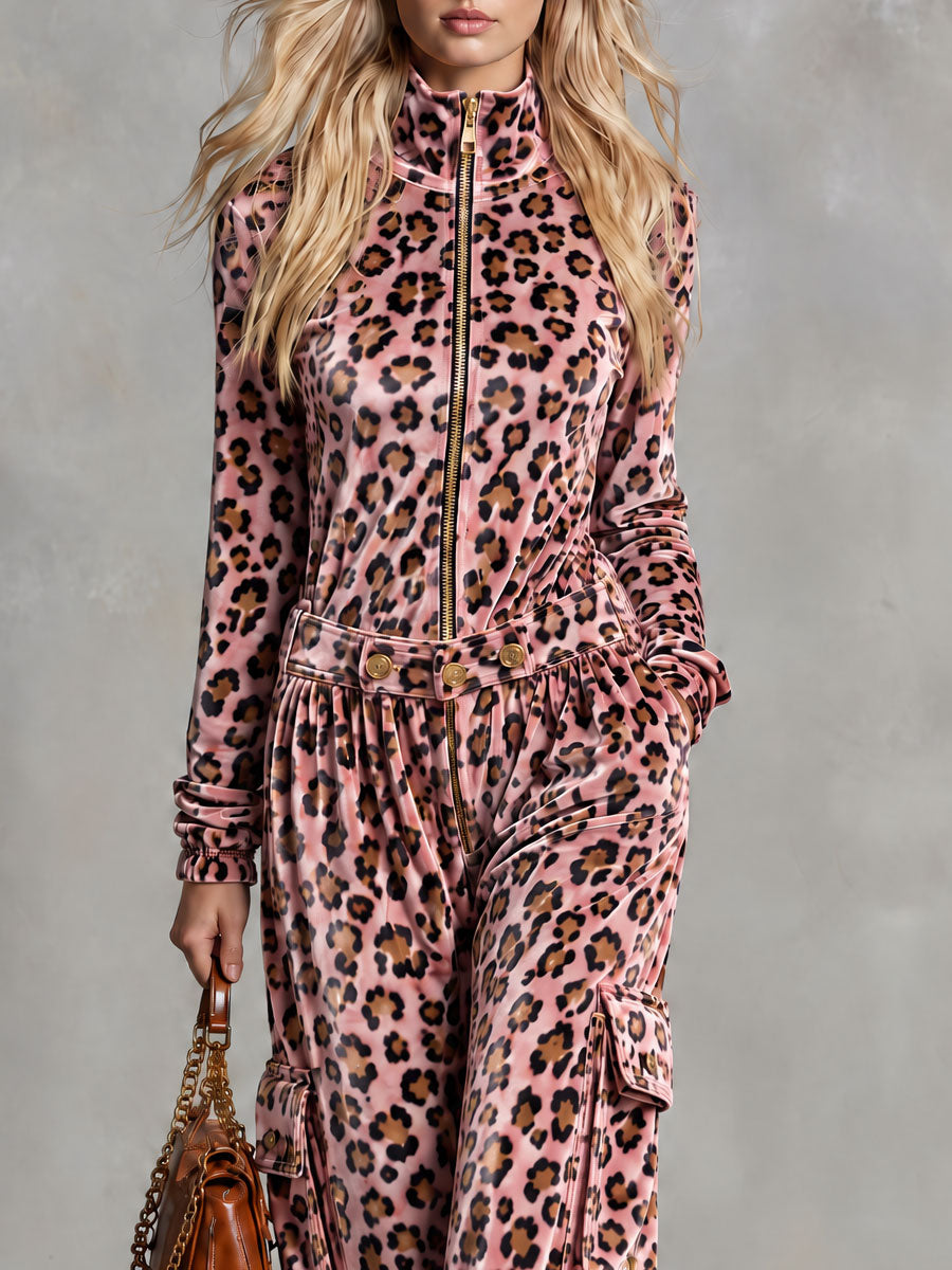 Fashionable And Casual Pink Leopard Print Velvet Jumpsuit