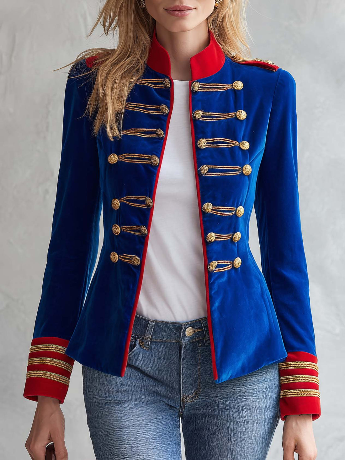 Vintage Military Royal Blue Velvet Gold Braided Frog Button Band Jacket