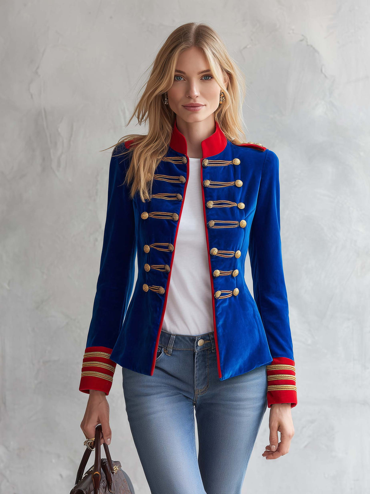 Vintage Military Royal Blue Velvet Gold Braided Frog Button Band Jacket