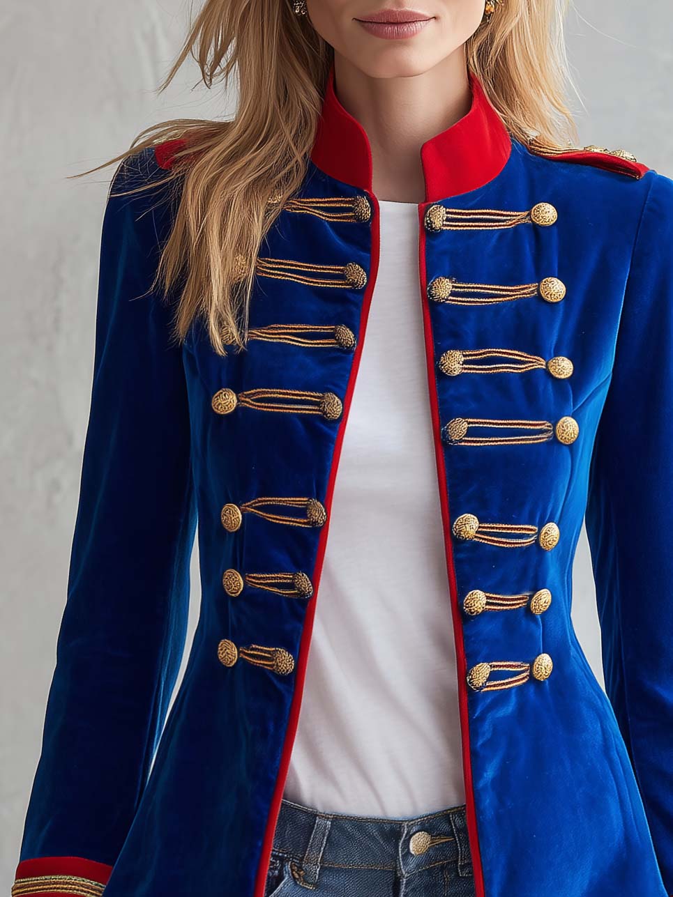 Vintage Military Royal Blue Velvet Gold Braided Frog Button Band Jacket
