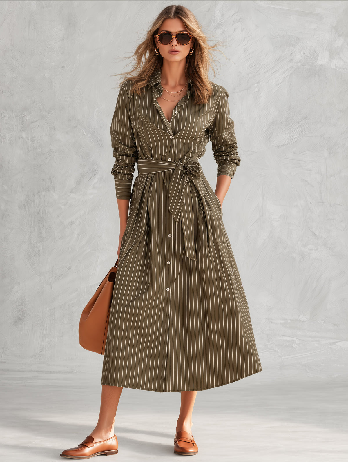 Olive Green Pinstripe Long Sleeve Button-Front Belted Midi Dress