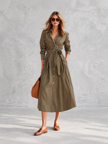 Olive Green Pinstripe Long Sleeve Button-Front Belted Midi Dress