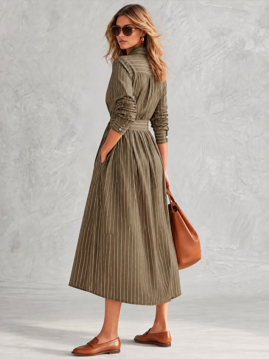 Olive Green Pinstripe Long Sleeve Button-Front Belted Midi Dress