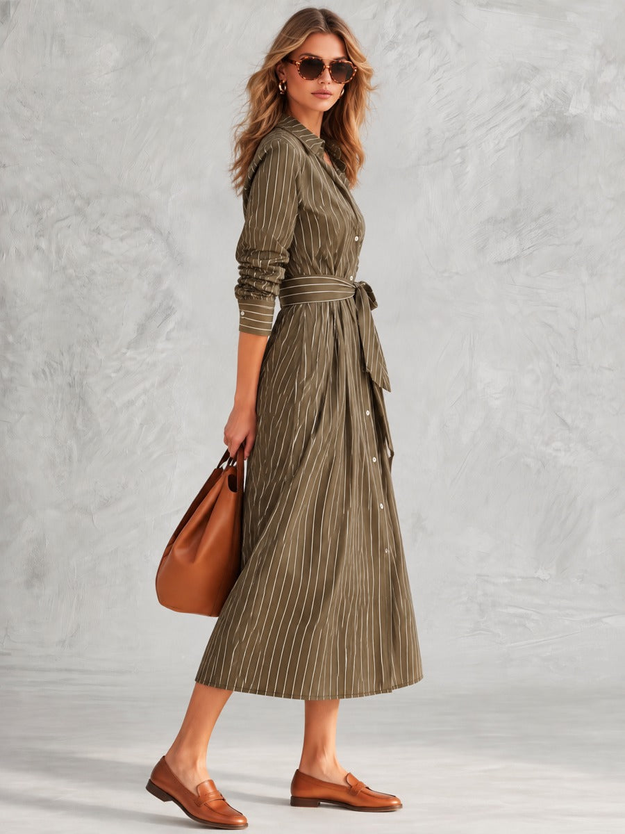 Olive Green Pinstripe Long Sleeve Button-Front Belted Midi Dress