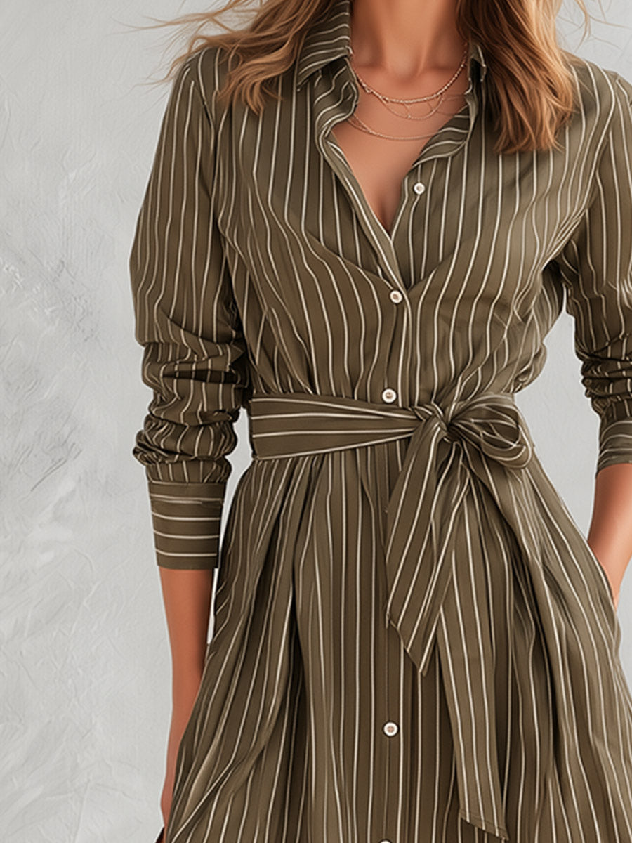 Olive Green Pinstripe Long Sleeve Button-Front Belted Midi Dress